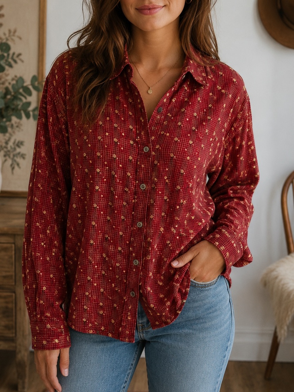 Krazy Kat Vintage 2004 Red Floral Plaid Button Front Shirt Women’s Size M